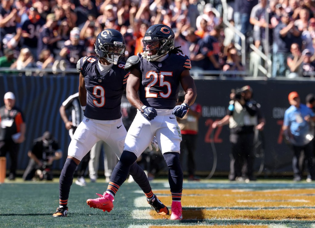 Kyle Monangai celebrates TD vs Jets. 
